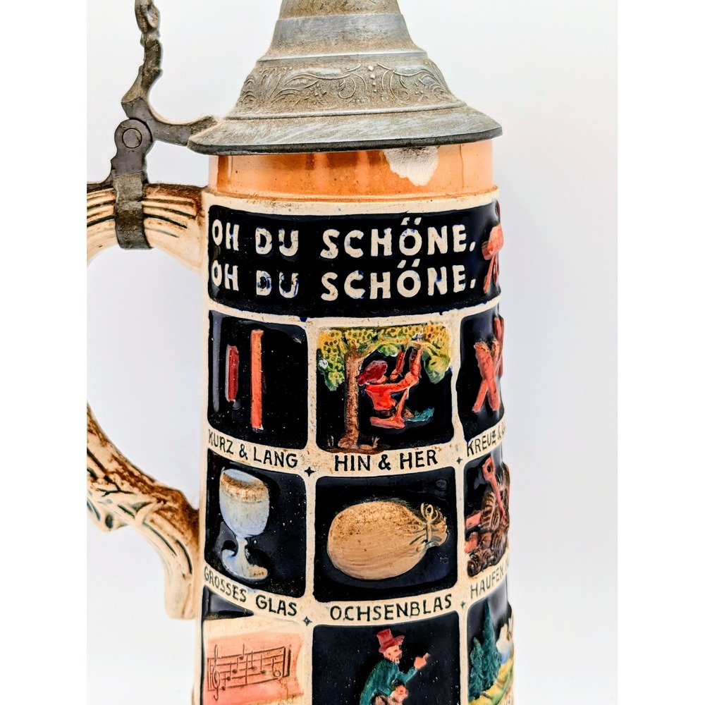 Vintage German Schnitzelbank Beer Stein Lidded Stoneware Mug Relief Folk Art - Picture 2 of 13